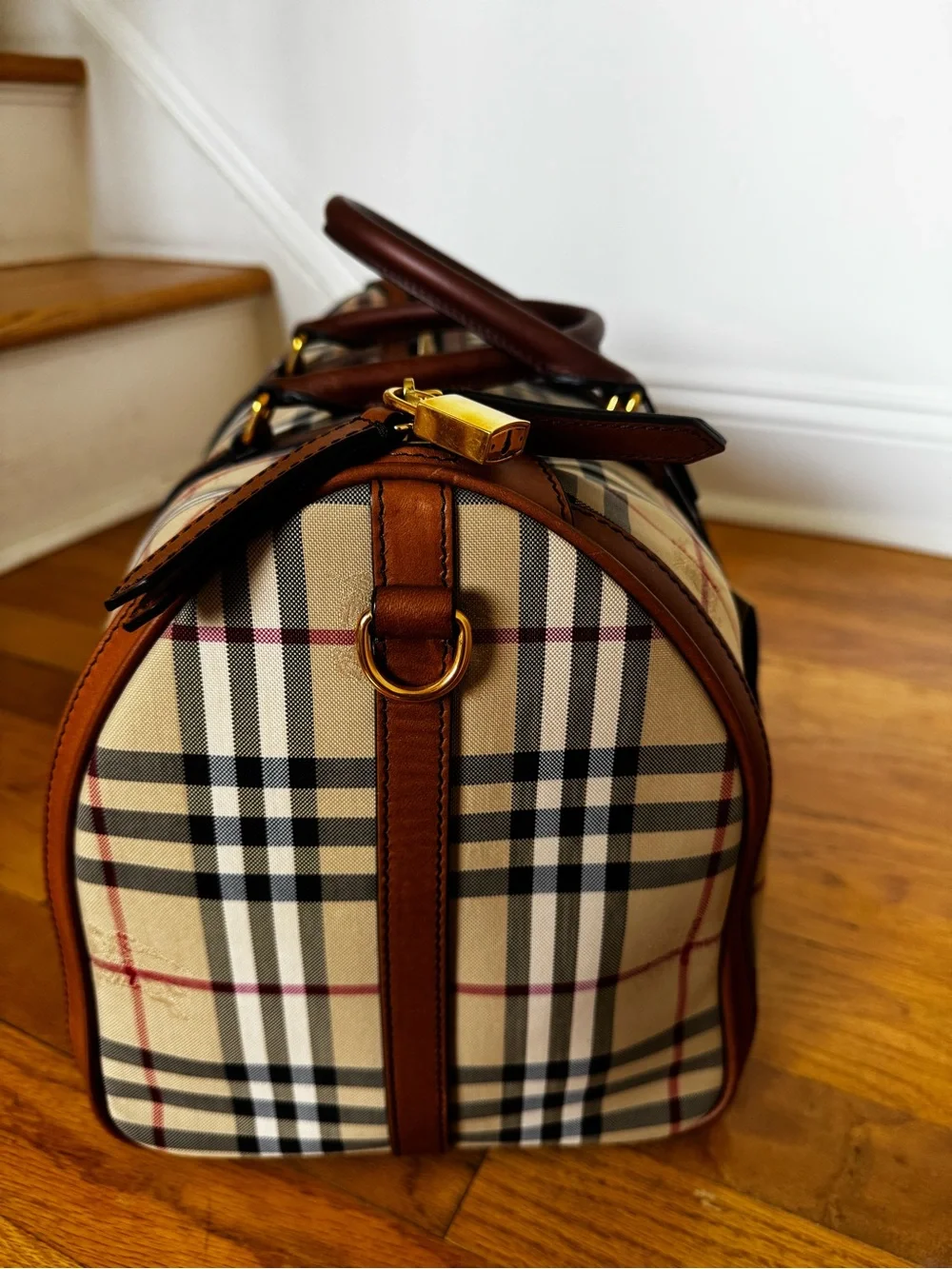 Burberry Beige Vintage Check Large Duffel with Brown Leather Trim